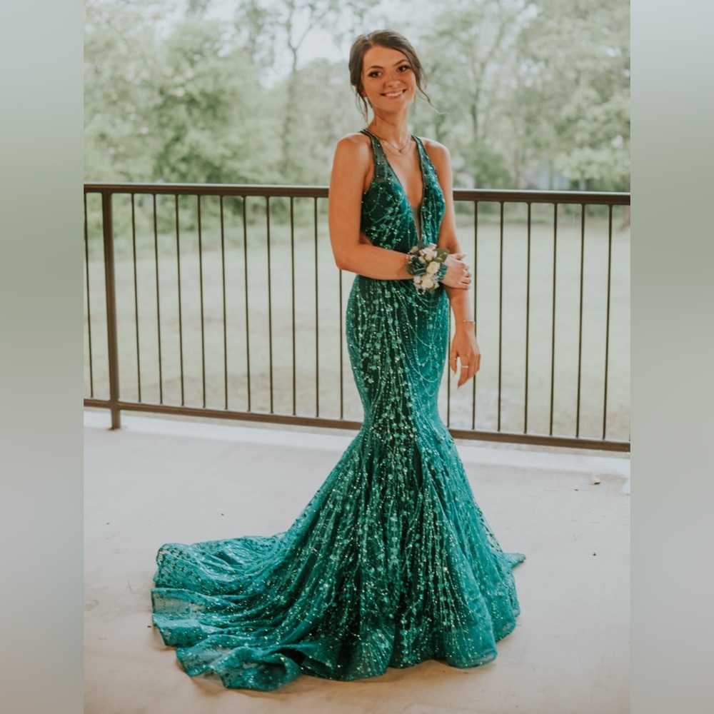 Ellie Wilde Teal Sequin Prom Dress